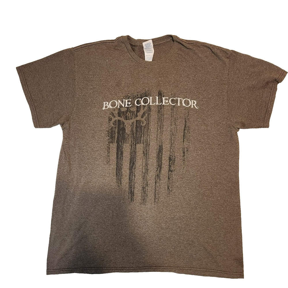 Bone Collector Mens T-Shirt L Gray Distressed American Flag Antlers Hunting‎ Top
